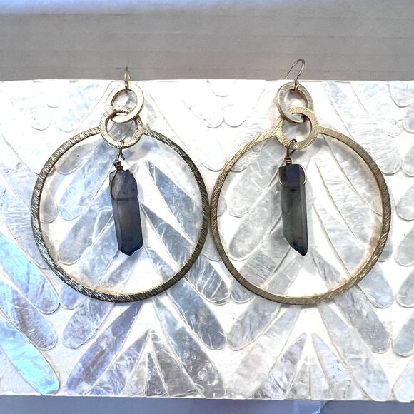 Gold-Tone Round Quartz Stone Hoop Earrings - Picture 6 of 10